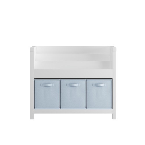Kids Bookshelf with 3 Tier Front-Facing Storage and 3 Fabric Bins, Wooden Toddler Bookcase for Playroom, Nursery, Bedroom
