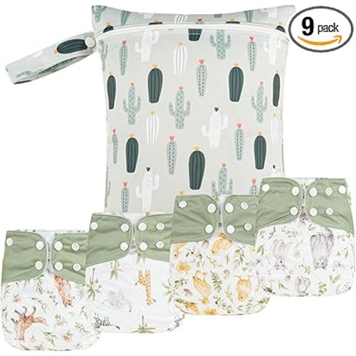 HappyFlute 9 Sets Newborn Baby Cloth Pocket Diapers Adjustable Reusable for Baby Boys and Girls(6-33 pounds,0-3 Years),One Wet Bag+4Diapers and 4Inserts (AD10)