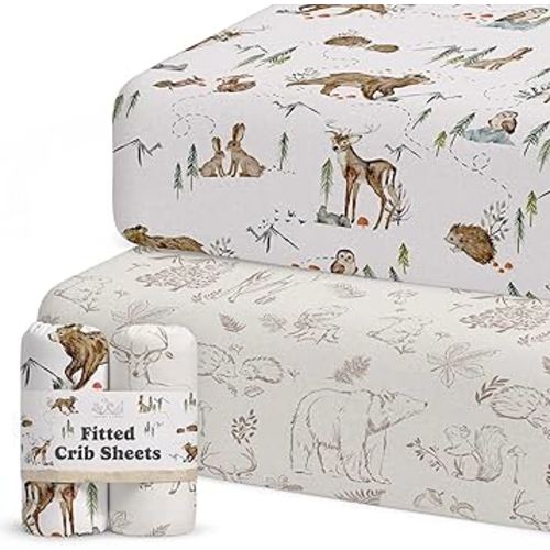 Crib Sheets Neutral - Fitted Baby Crib Sheets Bed for Girl Boy - 2 Pack Standard & Toddler Mattress - Buttery Soft Organic Cotton Blend (Magic Forest)