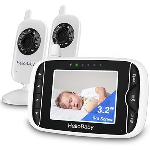 HelloBaby Video Baby Monitor with Camera and Audio, 3.2Inch LCD Display, Infrared Night Vision, Two-Way Audio and Room Temperature Monitoring,Lullaby,Sound Activated Screen