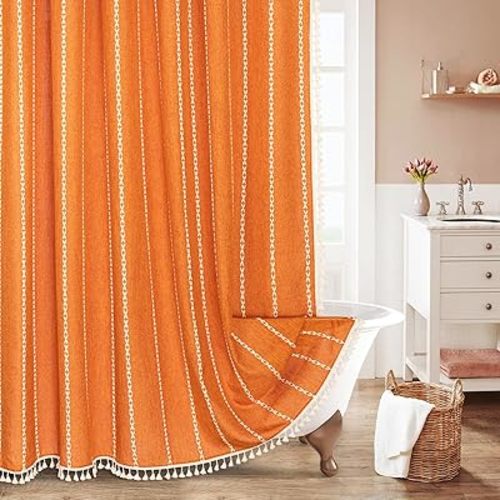 MitoVilla Orange Boho Fabric Shower Curtain, Modern Farmhouse Polyester Linen Shower Curtains for Vintage Rustic Bathroom Decor, Country Tassel Thick Cloth Shower Curtain, 72 x 72