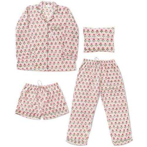 Huar Women Pajama Set, 4 pcs Button Down Vacation Beach Cotton Set, Lounge wear PJ Set For Birthday