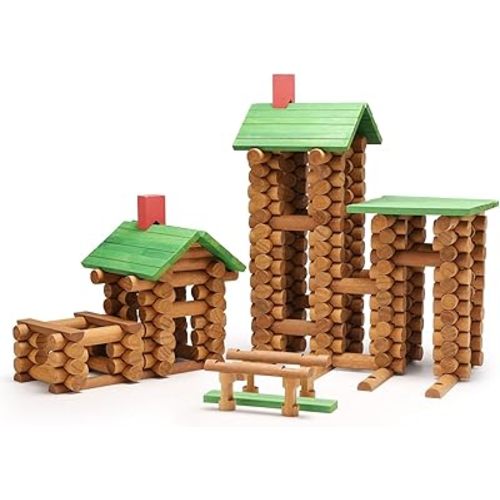 SainSmart Jr. 300 PCS Wooden Log Cabin Set Building House Toy for Toddlers, Classical STEM Construction Kit Compatible with Lincoln Logs for 3+ Kids