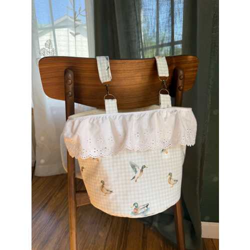 Duck Print Stroller Bag with Ruffle Trim – Quilted Baby Organizer, Gingham Diaper Caddy, Clip-On Stroller Storage, Cottagecore Baby Gift