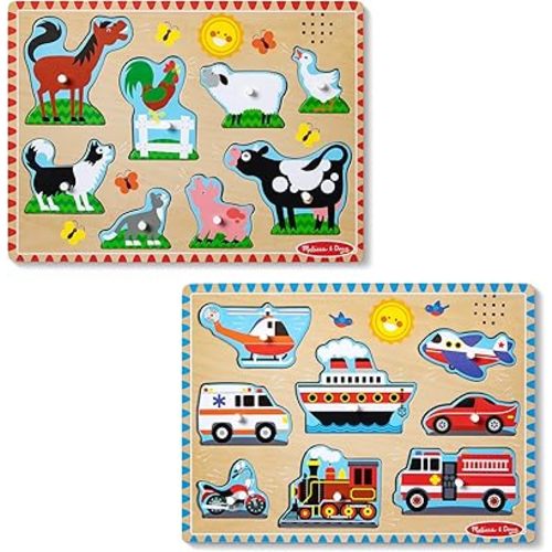Melissa & Doug Wooden Light-Activated Sound Puzzle 2-Pack for Toddler and Preschool Boys and Girls – Farm Animals, Vehicles