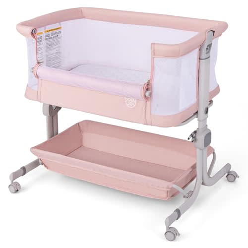 BABY JOY Bassinet, Bedside Crib w/ 6-Level Adjustable Height, Storage Shelf, Wheels, Mattress & Carry Bag for Safe Co-Sleeping, Folding Bassinet Bedside Sleeper for Newborn Infants (Pink)
