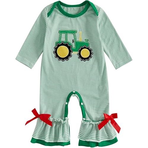 Newborn Baby Girl Fall Clothes Farm Tractor Striped Long Sleeve Jumpsuit Bow Bell Bottom Romper Overalls