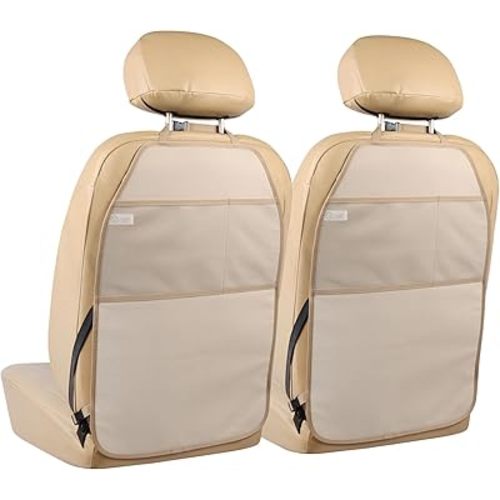 Car Seat Protector Large Kick Mat 2 Pack Durable Water Resistant Auto Seat Back Covers with 2 Mesh Pockets Protection Against Dust Mud Scratches (Beige-A, 2-Pack)