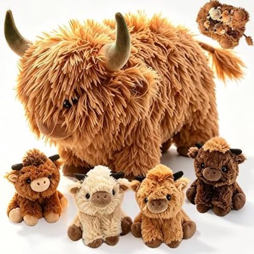 Highland Cow Stuffed Animal，Cute Highland Cow Mommy Stuffed Animal with 4 Baby Highland Cow Plushies in Tummy，Kawaii Highland Cow Plush Toy Gift for Kids Girls Boys