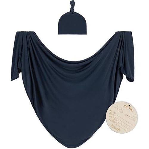 Kloovete Large Jersey Knitted Swaddle Blanket for Baby, Soft Stretchy Receiving Blanket for Newborns with Hat, Baby Nursery Swaddle 47 x 47 inches(Navy)