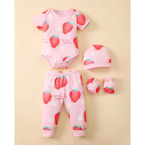 KIMI BEAR Newborn Baby Girls Summer Outfits 4-Pack Layette Set Short Sleeves Romper Top Strwberry Watermelon Floral Pants Set Hat Gloves 16Pcs Pink NB