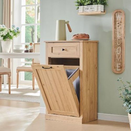 Tilt Out Laundry Hamper Cabinet, Farmhouse Laundry Storage Cabinet with Drawers, Hidden Trash Can Cabinet or Laundry Cabinet for Bathroom, Kitchen