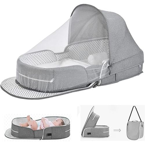 Baby Travel Bassinet Portable Bassinets, Foldable Carry Bag Bassinet Travel Crib, Lightweight Baby Lounger Pod Infant Bed with 2-1 Mosquito & Canopy (Grey)