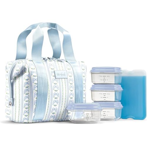 Fit & Fresh Remi Lunch Bag for Women Work – Neoprene Lunch Tote with Containers & Ice Pack, Reusable Meal Prep Lunch Box, Large Capacity, Machine Washable, Blue Wallpaper Bows