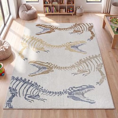 JONATHAN Y Machine-Washable Cream/Multi Indoor Area Rug, 4x6, Kingdarr T-Rex Modern, Casual, Kids & Novelty for Living Room, Dining Room, Bedroom, Kitchen Easy-Cleaning, Non-Shedding (KDW103A-4)