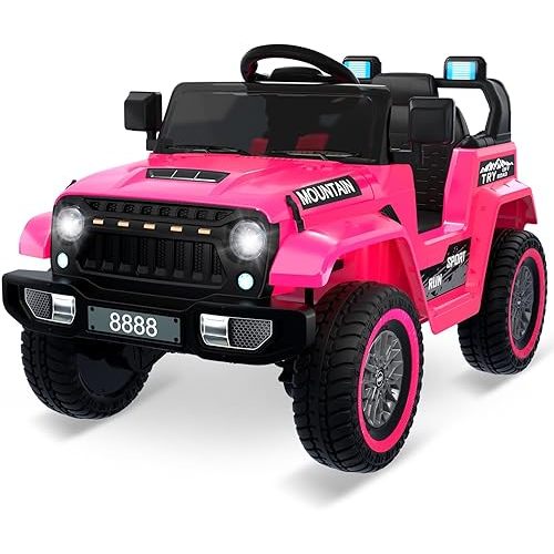Garvee 12V Kids Ride On Truck Car, Battery Powered Electric Vehicles with Remote Control, Spring Suspensions, 3 Speeds, LED Lights, Music, MP3, Ride On Toy Car for Children Toddles Boys Girls, Pink