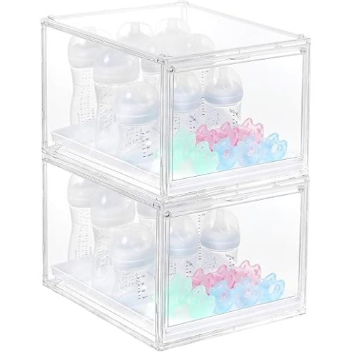 YESGIRL 2 Packs Clear Baby Bottle Organizer,Clear Stackable Acrylic Storage With Drawer for Countertop Cabine Storage Station Case Box Container for Nipples Pump Parts Food Jars