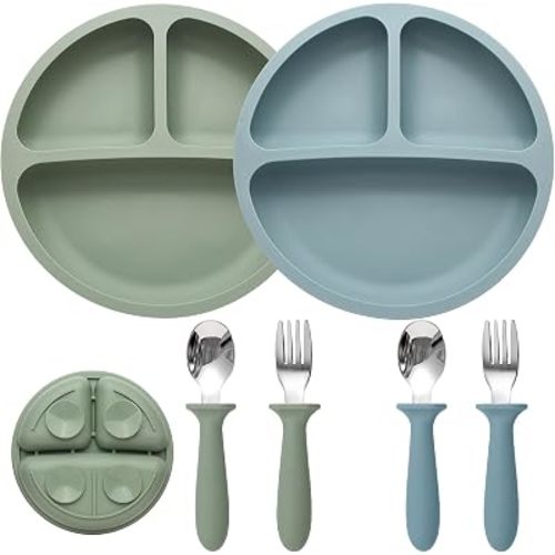 2 Pack Silicone Suction Plates for Baby, Spoons and Forks Set
