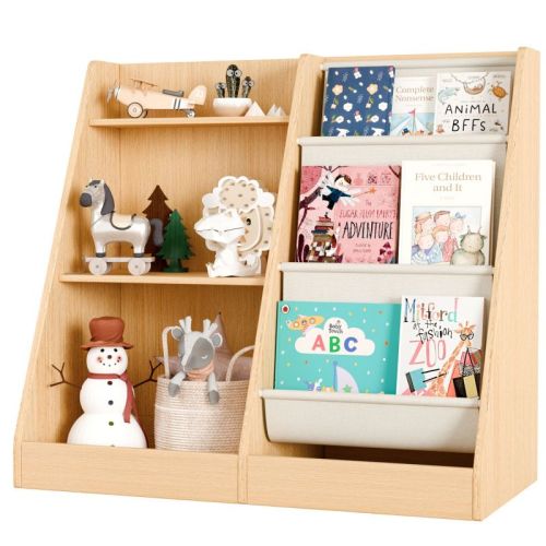 AZL1 Life Concept Kids Bookshelf Book Shelf Sling Bookcase Side Pocket Baby Toy Organizer Nursery Playroom Toddler Childrens, Beige, 32.3"*15.7"*29.5"