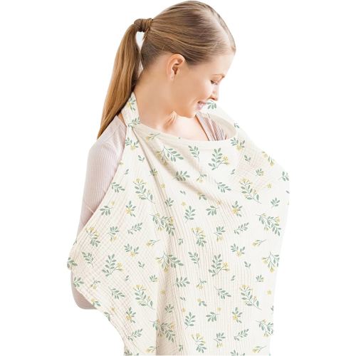 Konssy Muslin Nursing Cover for Baby Breastfeeding, Breathable 100% Cotton Breastfeeding Cover with Rigid Hoop for Mother Nursing Apron, Multi-use Carseat Canopy (Leafy)