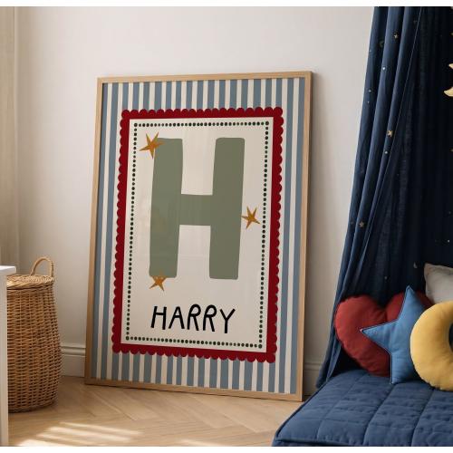 Personalised Nursery Print Letter | Striped Boy Room Decor | Custom Name Poster | Vintage Blue Stripe Kids Wall Art | Monogram Baby Gift