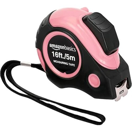 Amazon Basics Retractable Tape Measure with Metric and SAE Measurements, 16ft/5m, Belt Clip, Readable, Pink