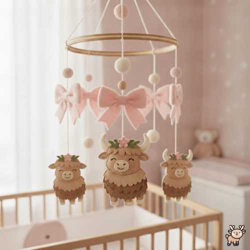 Highland Cow Mobile, Felt Pink Bow Theme Decor for Girl Room Hanging