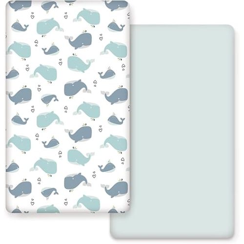 Stretchy Ultra Soft Jersey Knit Fitted Crib Sheets Set 2 Pack，Fits All Standard Crib Mattress Pads, Lovely Whale for Girls and Boys