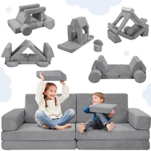 GOTGELIF 14-Piece Modular Kids Play Couch Convertible Sofa– Foldable & Washable Indoor Furniture Gray