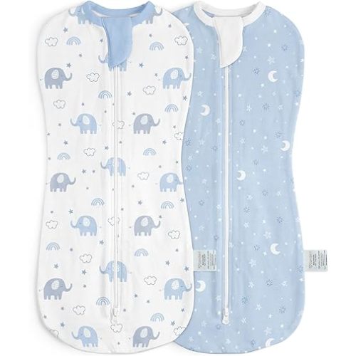 Baby Swaddle 0-2 Months, Cotton Arm-In Zipper Sleep Sack, Wearable Blankets Wrap for Newborn Infant Girls, Boys (Elephant, Star Moon, Pack of 2)