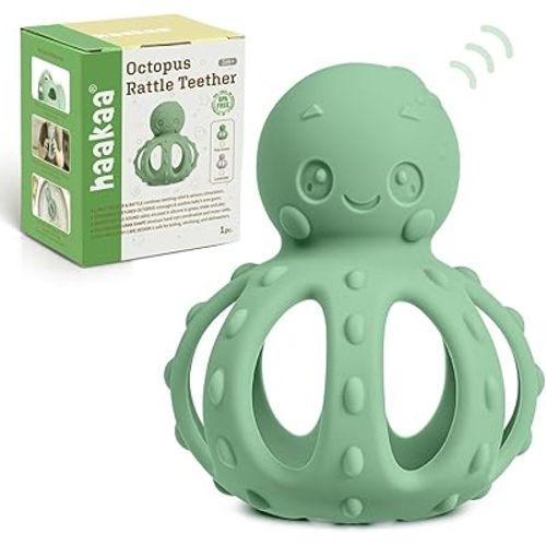 haakaa 2-in-1 Baby Teething Toy,Octopus Teether with Gentle Rattle,Soft Textured Teether for Sore Gums,Easy to Grasp Sensory Toy for Babies 3M+,Pea Green