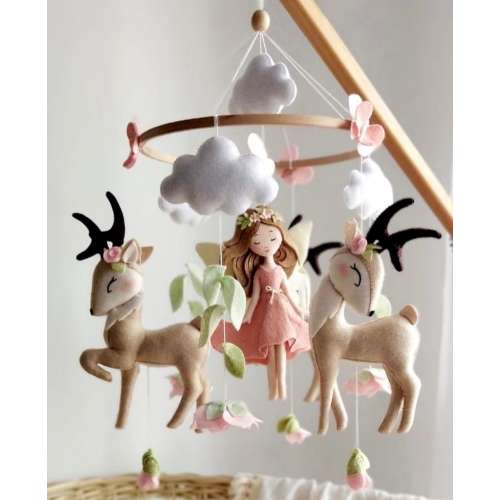 Fairy Baby Mobile – Handmade Felt Crib Mobile with Deer, Woodland Nursery Decor, Baby Shower Gift for Newborn