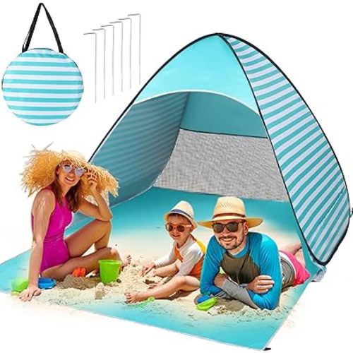 Easy Pop Up Beach Tent 2-3 Person Sun Shelter Lightweight Family Beach Shade UPF 50+ Anti UV Portable Beach Umbrella Automatic Instant Sunshade Canopy with Carry Bag for Baby Adults Family