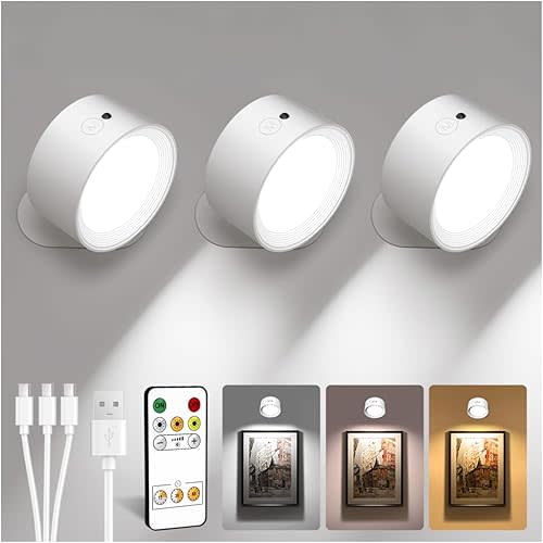 LED Wall Mounted Lights, Rechargeable Wall Sconces with Remote & Touch Control, 3 Color Temperatures 360° Rotation Dimmable Cordless Wall Light for Bedroom Study Reading Bedside (White, 3 Pack)