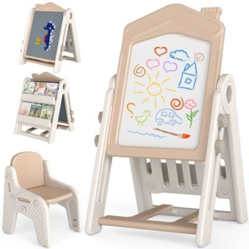 SUGIFT 3-in-1 Kids Art Easel with Magnetic Whiteboard, Block Table & Bookshelf – Height Adjustable, Foldable, and Space-Saving Creative Station