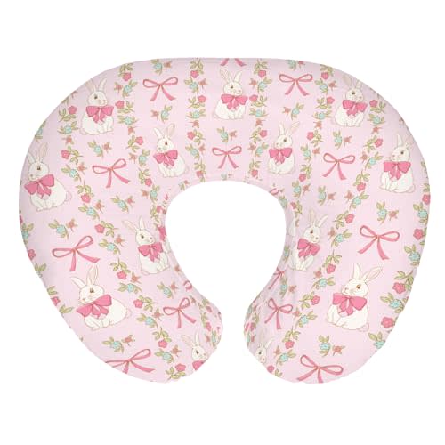Preppy Bunny Easter Baby Nursing Pillow Covers for Boy Girl Pink Easter Rabbits Bows Floral Nursing Pillow Slipcovers for Breastfeeding Pillows Spring Garden Soft Stretchy Cover for Newborn Infant