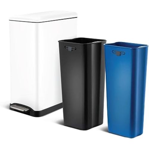 Home Zone Living 13 Gallon Slim Kitchen Trash Can with Dual Compartments for Recycling, Stainless Steel, White, 50 Liters Total
