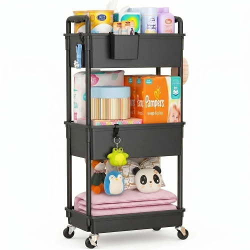 SUNALLY Baby Diaper Caddy Organizer Cart, 3-Tier Rolling Utility Cart with Lockable Wheels for Nursery Essentials, Large Capacity Mobile Storage Carts for Newborn, Black