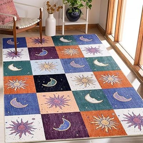 Boho Sun and Moon Washable Rug Ultra Thin, Vintage Mystical Celestial Checkerboard 5x7 Area Rug for Living Room Entryway Kitchen Dorm, Hippie Retro Aesthetic Cute Trendy Indie Bedroom Accent Carpet