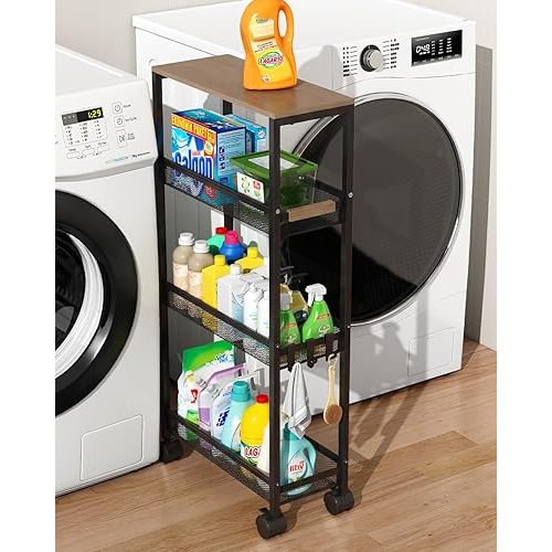 TIPGO Utility Slim Storage Cart, 4 Tier Rolling Cart with Wheels, Narrow Storage Cabinet for Bathroom, Laundry Shelves for Room Organization, Small Organizer for Kitchen, Office and Dorm (Black)