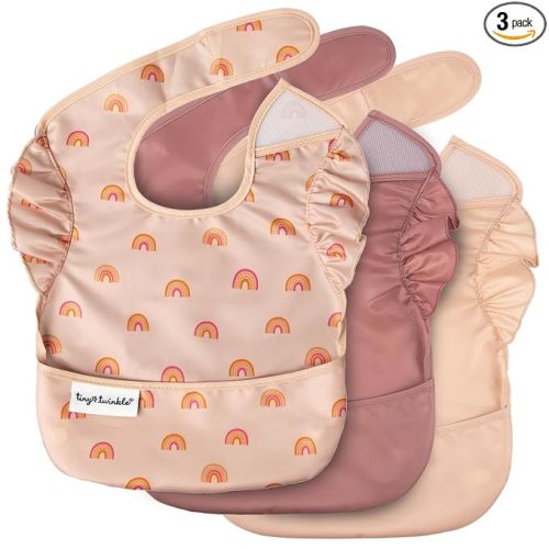 Tiny Twinkle Mess-Proof Baby Bibs for Eating | Waterproof, Wipeable Toddler Bibs with Catch-All Pocket | Feeding Bibs for Girls & Boys(3 Pack,Boho Set)