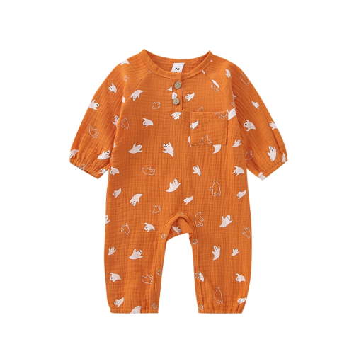 Hirigin Newborn Baby Boy Girl Halloween Outfits Pumpkin Print Long Sleeve Buttons O-Neck Jumpsuit Romper 0 3 6 12 18 Months Fall Clothes
