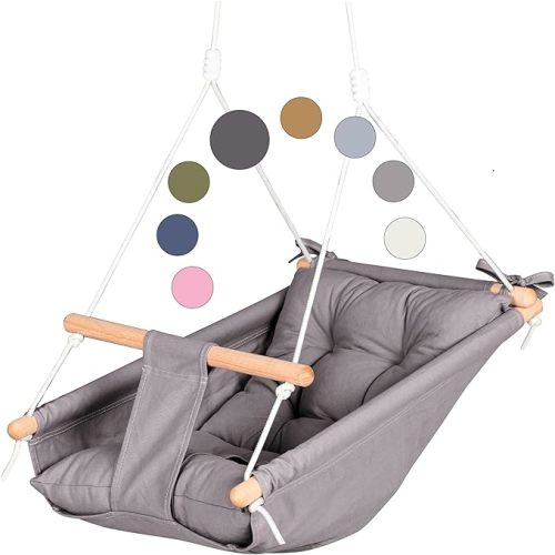 CaTeam Canvas Toddler Swing – Indoor/Outdoor Hanging Chair for Patio & Playroom with Safety Belt – Wooden Baby Seat for Ages 18+ Months – Dark Gray