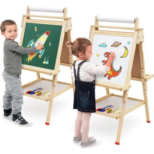 Kids Easel Wooden Art Easel Adjustable Standing Easel Double-Sided Drawing Easel with Paper Roll Chalkboard & Whiteboard for Kids Toddlers Birthday Holiday Gifts.