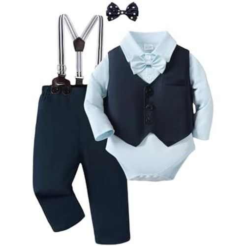 Newborn Baby Boy Clothes Suit Tuxedo Baptism Outfit Christening Top+Suspenders Pants+Vest+Bow Tie 5PCS 0-24 Months