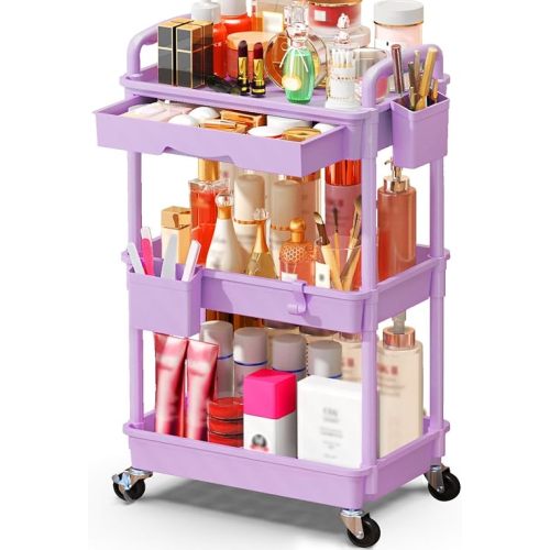 SUNALLY Makeup Cart Organizer with Drawers, Floor Skincare Organizers Vanity Storage Organizer, Rolling Makeup Bathroom Storage Cart Cosmetics Display Cases for Skin Care Perfume Nail Polish, Purple