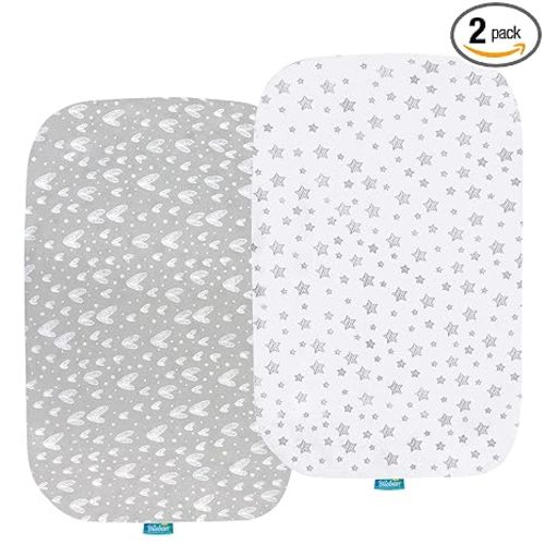 Bassinet Sheets Compatible with Baby Delight Beside Me Dreamer Bassinet, 2 Pack, 100% Jersey Knit Cotton Fitted Sheets, Breathable and Heavenly Soft, Grey and White Print for Baby