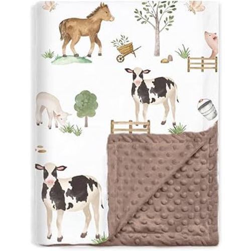 BOPRIO Baby Blankets for Boys Girls, Soft Lightweight Nursery Minky Blankets with Double Layer Dotted Backing for Infant Toddler Nursery Crib with Cute Farm Animals Design 30 x 40 Inch
