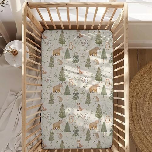Forest Animals Pattern Baby Sheets for Crib, Unisex Bears Hedgehog Raccoon Trees Nursery Fitted Bed Sheet for Boys Girls Standard Crib and Toddler Mattress-28x52
