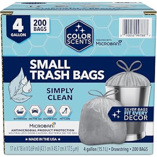 Color Scents Small Trash Bags - 4 Gallon, 200 Bags (1 Pack of 200 Count), Drawstring - Silver Bag in Simply Clean Scent with Microban
